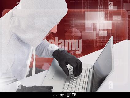 Hacker using a 3d laptop in front of red digital background Stock Photo