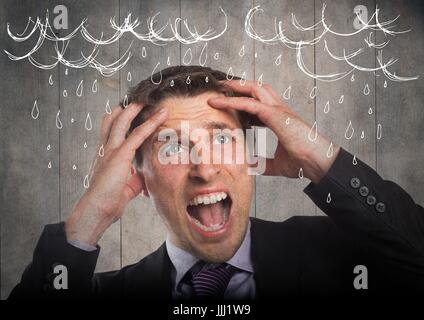 Frustrated business man against grey wood panel and 3d white rain graphics Stock Photo