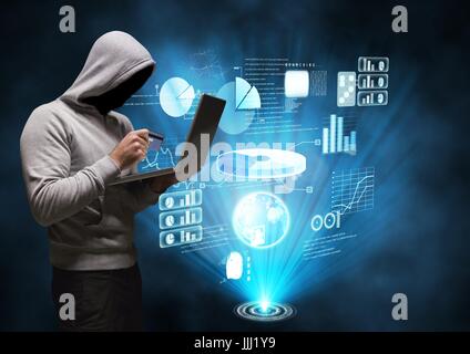Hacker working on laptop in front of digital graphics on background Stock Photo