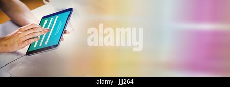 Hand touching tablet with rainbow transition Stock Photo