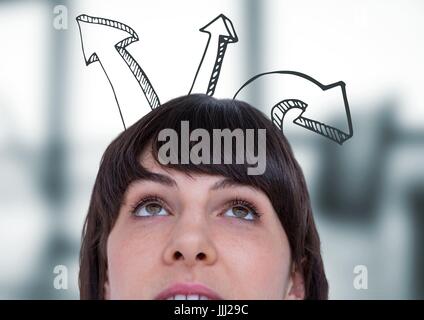 Top of woman's head and upward 3D arrows against blurry grey office Stock Photo