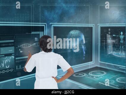 Woman interacting with 3d medical interfaces against blue background with flares Stock Photo