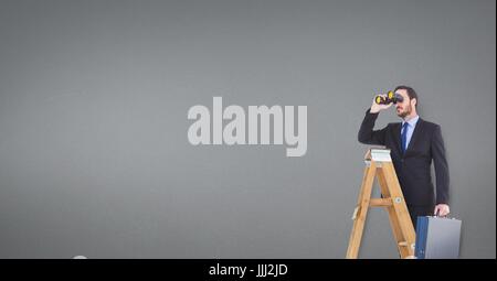 Man looking through binoculars against grey background 3d Stock Photo