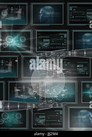 3D robot hands interacting with interfaces against background with medical interfaces and flares Stock Photo