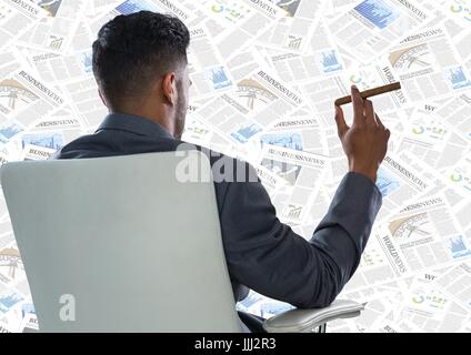 Back of business man in chair looking at document backdrop Stock Photo