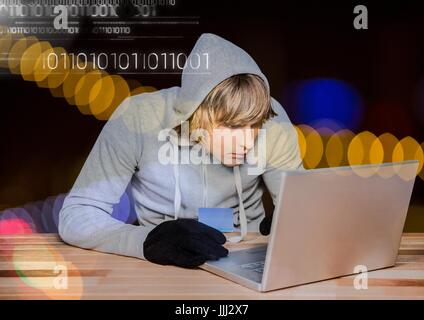 3d Blond hair hacker using a laptop Stock Photo