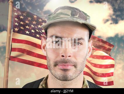 Close up of 3d soldier face in front of american flag Stock Photo