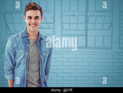 3d Millennial man smiling against blue hand drawn windows Stock Photo