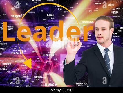 Businessman writing LEADER on the screen. web market background. Stock Photo