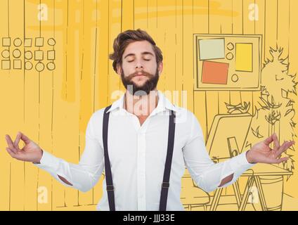 Millennial man meditating against 3D yellow hand drawn office Stock Photo