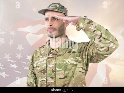 Military saluting against american flag Stock Photo