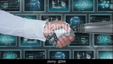 3D robot hand and person shaking hands against background with medical interfaces Stock Photo