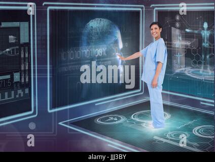 Happy woman doctor interacting with medical interfaces against purple background with flares Stock Photo