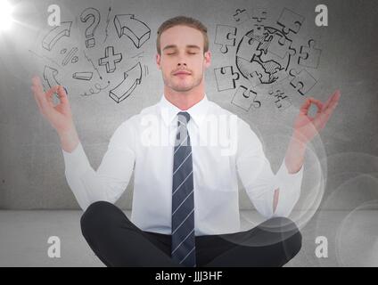Business man meditating in grey room with flare and jigsaw, 3D arrow doodles Stock Photo