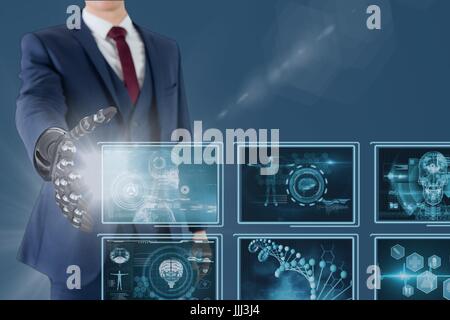 Man with 3D robot hand interacting with 3d medical interfaces Stock Photo
