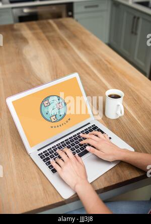 Person using a computer with education icon on the screen Stock Photo