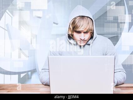 Blond hair hacker using a laptop in front of 3d white background Stock Photo