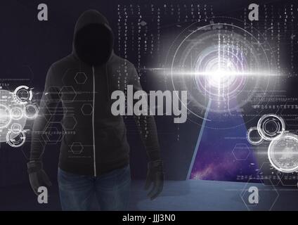 Shadow of hacker standing on in front of 3d digital background Stock Photo
