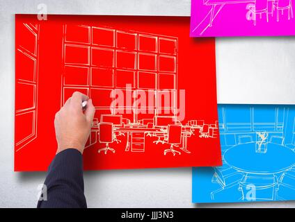 3d hand drawing office white lines on red paper stick on the wall. 2 blueprint more in blue and pink Stock Photo