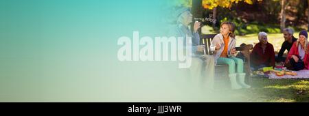 Family in park blowing bubbles and green transition 3d Stock Photo