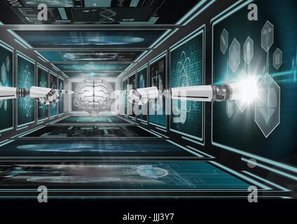 3D robot hands pointing at a brain interface against background with medical interfaces Stock Photo