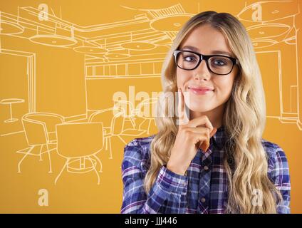Millennial woman thinking against 3d orange and white hand drawn office Stock Photo