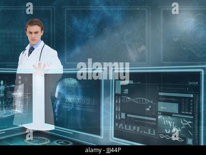 Man doctor interacting with 3d medical interfaces against a sky with flares Stock Photo