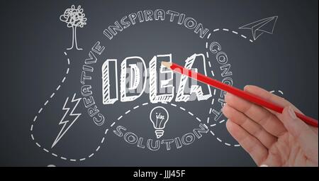 Hand with red pencil pointing at 3D white idea doodles against grey background Stock Photo
