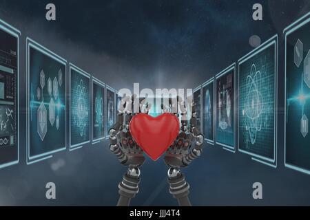 3D robot hands holding a heart against background with medical interfaces Stock Photo