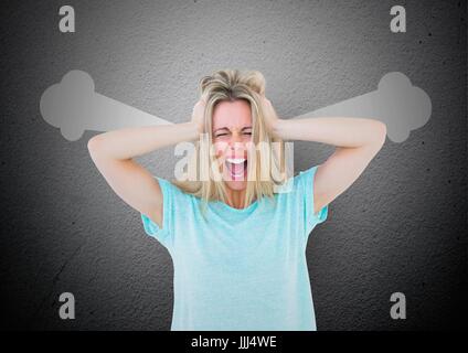 anger young woman shouting with steam on ears and hand on head. Stock Photo