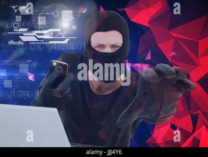 Hacker holding a smartphone and trying to hold the lens in front of 3d minimalist background Stock Photo