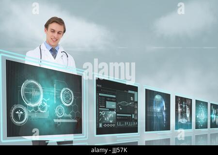 Man doctor interacting with medical interfaces against sky with clouds 3d Stock Photo
