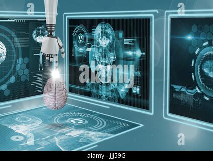 3D robot hand pointing a brain interface against background with medical interfaces 3d Stock Photo