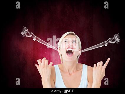 anger young woman shouting with steam on ears. Black and pink background Stock Photo