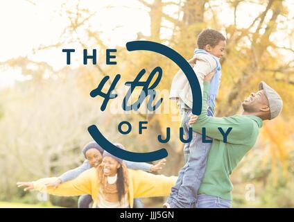 Blue fourth of July graphic against family in forest Stock Photo