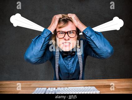 Young hipster man angry, with hands on head and 3D steam on ears. Stock Photo