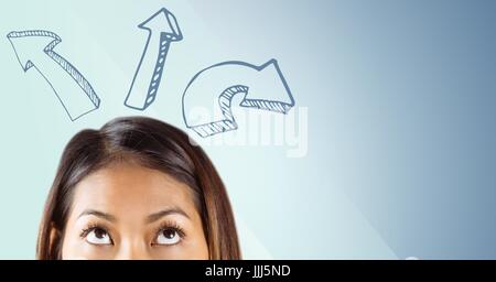 Top of woman's head looking up at upward 3d arrows against blue background Stock Photo