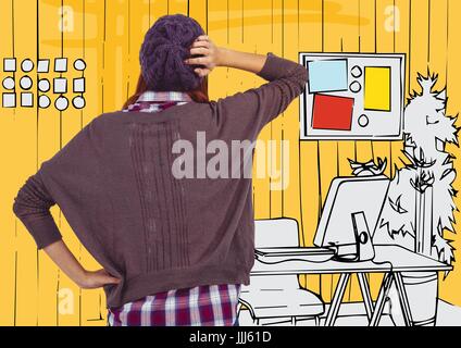 Back of millennial woman against 3d yellow hand drawn office Stock Photo