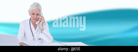 Doctor at desk on phone against blue and white blurred abstract background Stock Photo