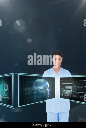Woman doctor interacting with 3d medical interfaces against blue background with flares Stock Photo