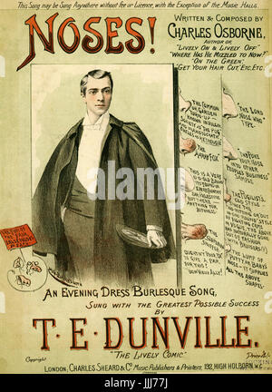 Noses! By Charles Osbourne, score cover. Performed by T. E. Dunville (1867-1924), published in London by Charles Sheard & Co. Reads 'An evening dress burlesque song'.. Captions by illustrations of noses include one that reads 'This is a very o-o-old brand: its found in every country bar Palestine, but there -  anything for bithness'. Or 'The Poke your nose into other people's business. Sample' Stock Photo