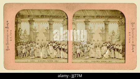 Aida, opera  by Giuseppe Verdi (1871). The King of Egypt names Radamès leader of his army. G V: Italian composer, 9 or 10 October 1813 - 27 January 1901. Stereoscopic card (B+W), photograph of hand painted clay models, 1860s -  from series Les Theatres de Paris - 6 Scenes Vues au Stereoscope. . Stock Photo