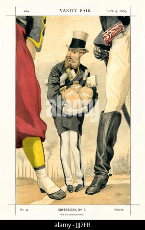 Leopold II - portrait standing, holding bags of moneyclose to himself. Vanity Fair caricature by Coide (real name James Jacques Tissot, 1836–1902). Caption reads 'Sovereigns, No. 3: Un roi constitutionnel', dated 9 October 1869. Leopold II, King of Belgium: 9 April 1835 – 17 December 1909. Stock Photo