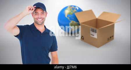 Composite 3d image of portrait of happy delivery man wearing cap Stock Photo