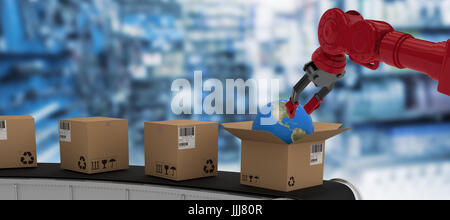 Composite 3d image of low angle view of red robot arm with black claw Stock Photo