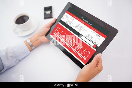 Composite 3d image of man using tablet pc Stock Photo