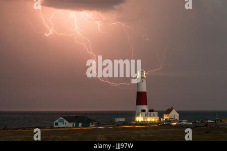 Lightning. Lightning storm at Portland Bill lighthouse, Dorset, UK. Bolts of lightning during a thunderstorm. Stock Photo
