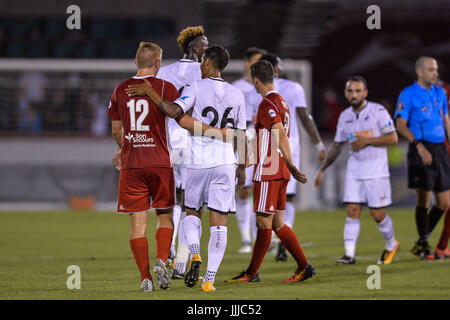 Richmond, Virginia, USA. 19th July, 2017. The Kicker's midfielder FINNLAY WYATT (12) congratulates Swan's defender KYLE NAUGHTON (26) following the game held at the City Stadium, Richmond, Virginia. Credit: Amy Sanderson/ZUMA Wire/Alamy Live News Stock Photo