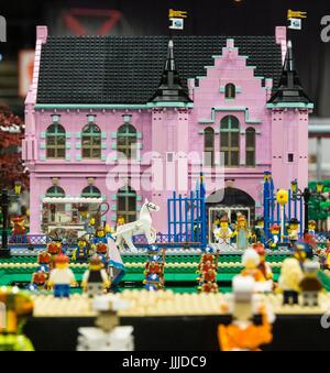Glasgow, Scotland, UK. 20th July, 2017. The SEC in Glasgow hosts Brick Live, the largest LEGO exhibition in the UK. Featuring models made up of over 6 million bricks, LEGO enthusiasts can build their own creations as well as admiring the models created by some of the leading designers including Scotland's Nick Clayton and Rocco Buttliere from Chicago.  Pictured: A fantasy palace scene made from Lego Bricks Credit: Rich Dyson/Alamy Live News Stock Photo