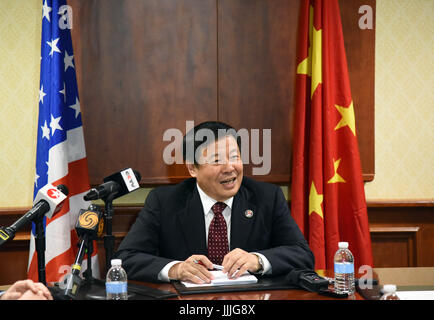 Washington, USA. 19th July, 2017. Chinese Vice Minister of Finance Zhu Guangyao speaks at a press briefing after the conclusion of the first China-U.S. Comprehensive Economic Dialogue (CED) in Washington, DC, the United States, July 19, 2017. Credit: Jin Minmin/Xinhua/Alamy Live News Stock Photo